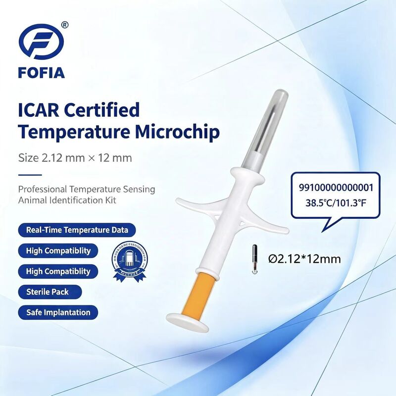 ICAR Certificated Fofia New Temperature-sensing Microchip RFID Bio-glass White HT001 Animal ID Waterproof Dog Cat Pets 1.5 Year