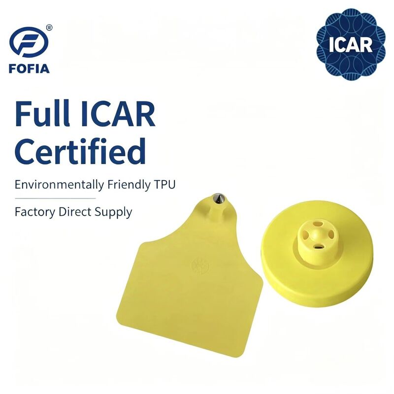 FOFIA New Full ICAR Durable Waterproof RFID LF TPU Yellow Ear Tags ET908+T905 EM4305 Chips 5-Year Warranty Cattle 14.5mm