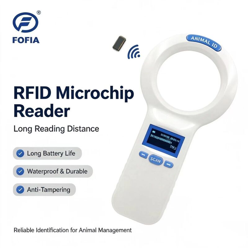FOFIA Durable Plastic PT200 RFID Handheld Reader 128x64 OLED Screen IS011784/5 Protocol Long-Range Reading White 134.2kHz USB